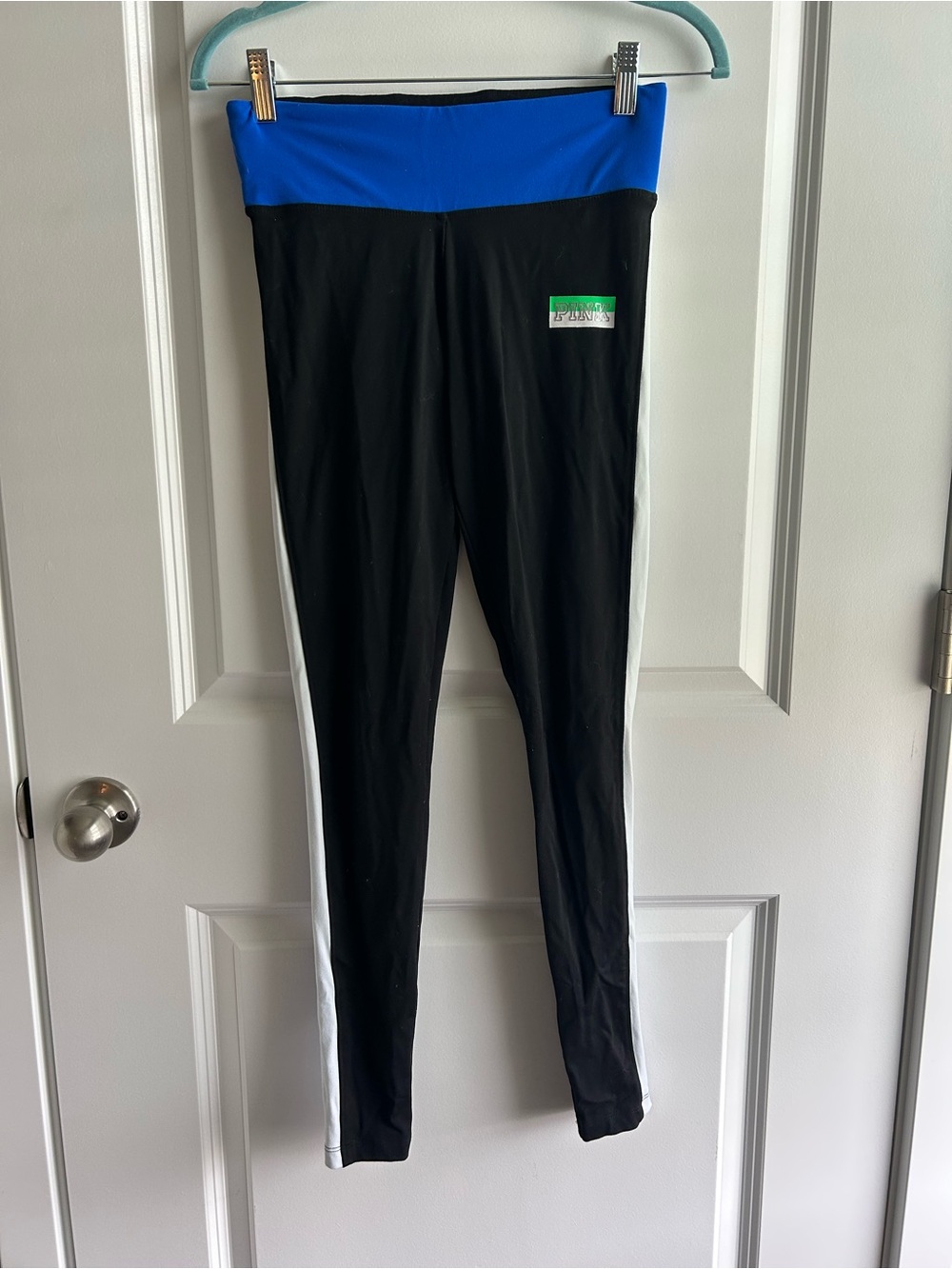 PINK Victoria's Secret Black Leggings with Blue Waistband and White Side Stripes